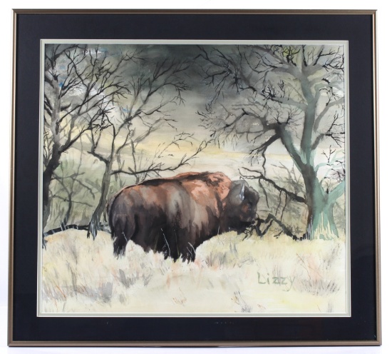 Original Signed Watercolor Buffalo Painting