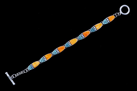 Zuni Signed Inlaid Spiny Oyster Turquoise Bracelet