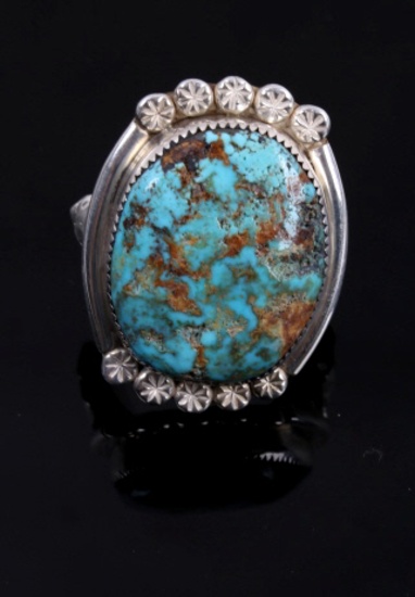 Navajo Bison Skull Signed Sterling Turquoise Ring