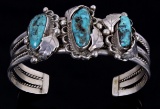 Navajo Signed Silver Floral Kingman Turquoise Cuff