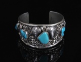 Signed Navajo Silver and Turquoise Bracelet