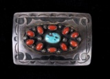 Navajo Old Pawn Turquoise & Red Coral Belt Buckle