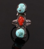 Navajo Turquoise & Ox Blood Coral Three Stone Ring