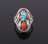 Navajo Branch Coral & Turquoise Silver Ring