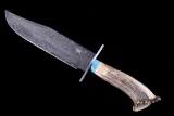 M.T. Knives Damascus Bowie with Turquoise & Stag