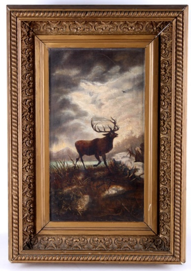 1800 Victorian Stag Painting in Gilt Frame