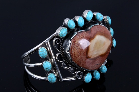 Navajo Heart Cut Agate & Turquoise Bracelet