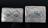 Two Navajo Turquoise & Coral Chip Inlay Buckles