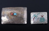 Two Navajo Sterling Turquoise & Coral Belt Buckles