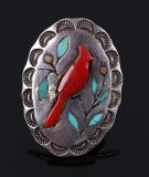 Navajo Sterling Silver Inlaid Coral Cardinal Ring