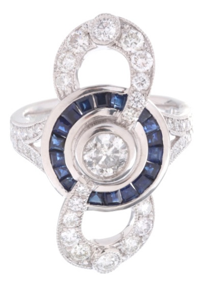 Art Deco Infinity Diamond & Sapphire Platinum Ring