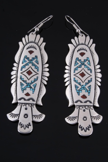 Navajo T. Singer Chip Inlay Sterling Earrings
