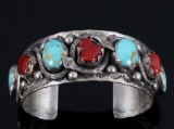 Navajo Sterling Royston Turquoise & Coral Bracelet