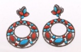 Art Nouveau Turquoise, Coral & Diamond Earrings