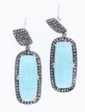 Blue Chalcedony & Diamond Antique Silver Earrings