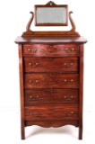 Antique Oak Veneer Mirrored Highboy Dresser