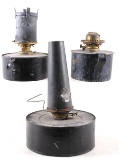 Three Antique Tin Oil Lamps With Large Canisters