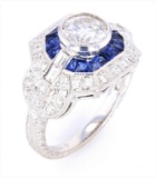 Art Deco Diamond & Blue Sapphire 18K Engraved Ring