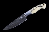 M.T. Knives Elk Antler Scrimshaw Damascus Knife