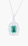 Art Deco Style Emerald & VS2 Diamond 18K Necklace