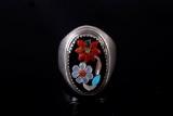 Signed Zuni Sterling Silver Inlaid Mosaic Ring
