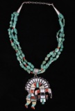 Navajo Inlaid Rainbow Yei Silver Pendant Necklace