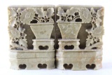 Carved Floral Moss Green Soapstone Bookends