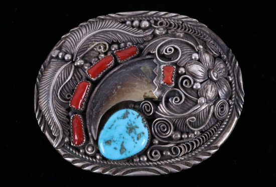 Navajo Ted Joe Bear Claw Morenci Turquoise Buckle