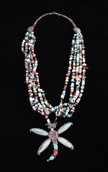 Navajo Leonard Martza Dragonfly Inlaid Necklace