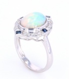 Art Deco Style Opal Sapphire & Diamond 14K Ring
