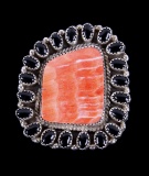 Navajo LARGE Red Spiny Oyster & Onyx Silver Ring