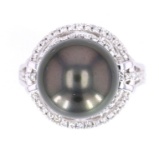 Scarce Black Tahitian Pearl Diamond 14K Ring