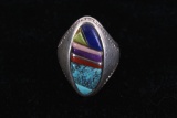 Navajo Morenci Turquoise Multi-Stone Inlaid Ring