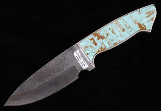 Navajo Wilson Dawes No. 8 Turquoise Damascus Knife