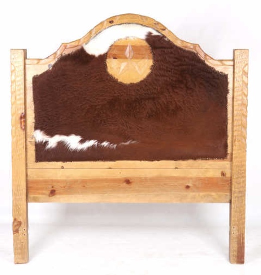 Western Steer Hide Upholstered Hewn Wood Queen Bed