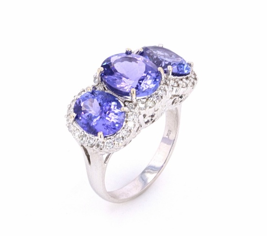 Tanzanite Triplet Set Diamond 18K Ring w/ Papers