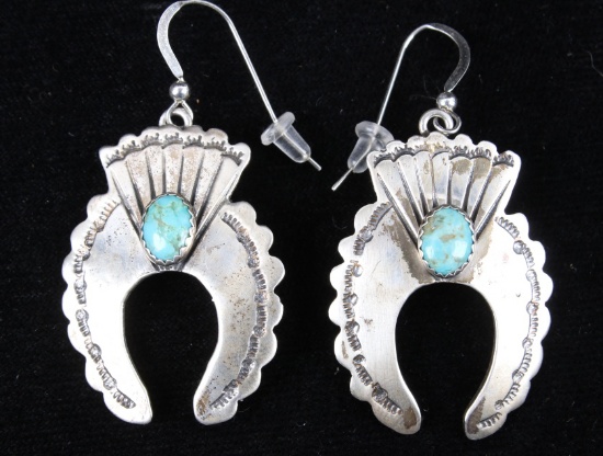 Navajo Turquoise & Silver Squash Blossom Earrings