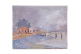 1932 V. Tompkins Coastal Village Oil on Board