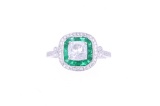 Double Halo Emerald & Diamond Platinum Ring