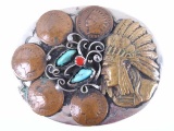 Navajo Turquoise Coral & Penny Belt Buckle