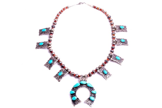 Navajo Shawn Cayatino Silver & Turquoise Squash