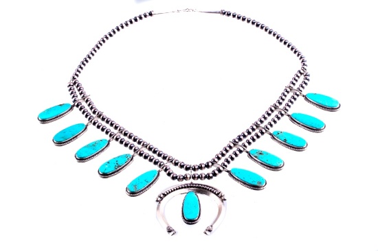 Navajo T. Lewis Silver Turquoise Squash Blossom