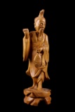 Basswood Carved Chinese Fisherman Holding A Fish