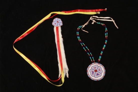 Plateau Fully Beaded Medallion Necklace & Pin 20th