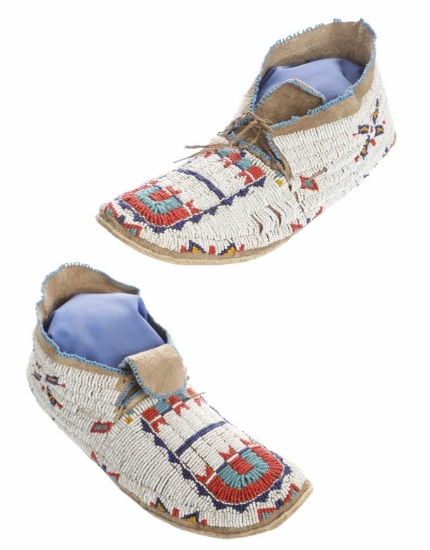 19th Century Cheyenne Beaded Hard Sole Moccasins