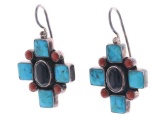 Navajo Sterling Silver Turquoise & Jet Earrings