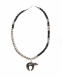 Navajo Sterling Silver Onyx Bear Pendant Necklace