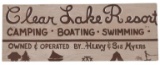 Late 1900s Clear Lake Resort Wood Advertising Sign