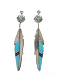 Navajo Charlie Ray Silver Inlaid Feather Earrings