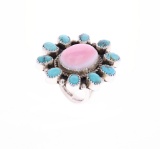 Navajo R. Sam Silver Pink Conch Turquoise Ring